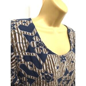 Blue Tan Geometric Fit and Flare Dress Large Midi Modest Lightweight Indie Boho